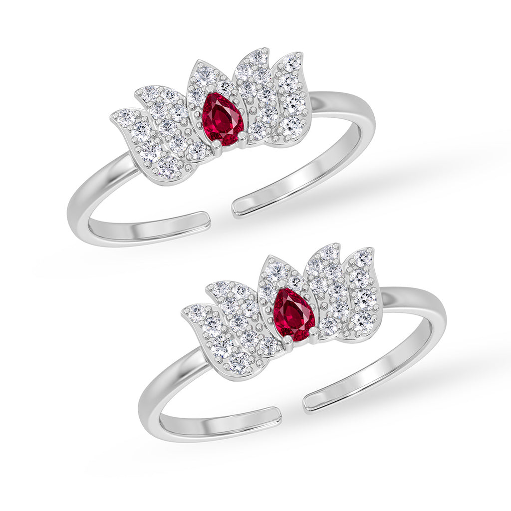 Silver Red Lotus Toe Ring Pair