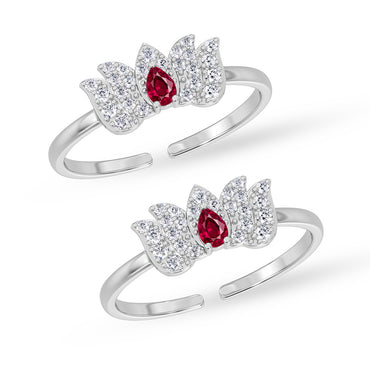 Silver Red Lotus Toe Ring Pair