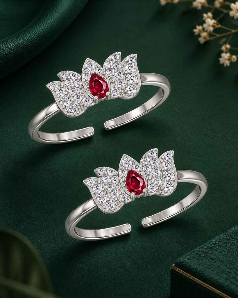 Silver Red Lotus Toe Ring Pair