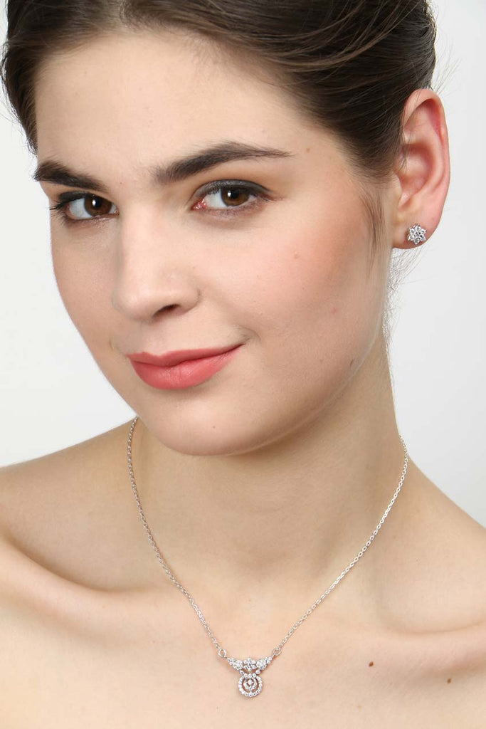 CLARA 925 Sterling Silver Rhodium Plated Aria Pendant Earring Necklace Set with Chain Gift for Women and Girls