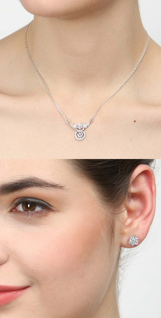 CLARA 925 Sterling Silver Rhodium Plated Aria Pendant Earring Necklace Set with Chain Gift for Women and Girls