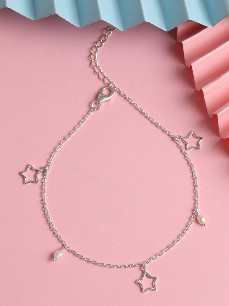 CLARA 925 Sterling Silver Star & Pearl Anklet Payal ( Single ) Adjustable Chain Gift for Women and Girls