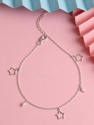 CLARA 925 Sterling Silver Star & Pearl Anklet Payal ( Single ) Adjustable Chain Gift for Women and Girls