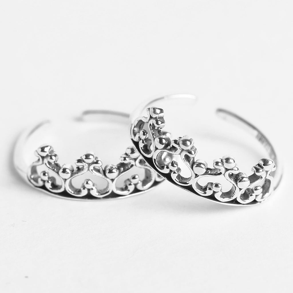 CLARA 925 Sterling Silver Crown Toe Rings Pair 