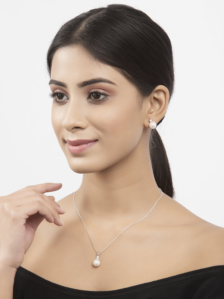 Clara 92.5 Sterling Silver Classic Pearl Pendant Earrings Set with Chain Jewellery Set Gift for Women and Girls