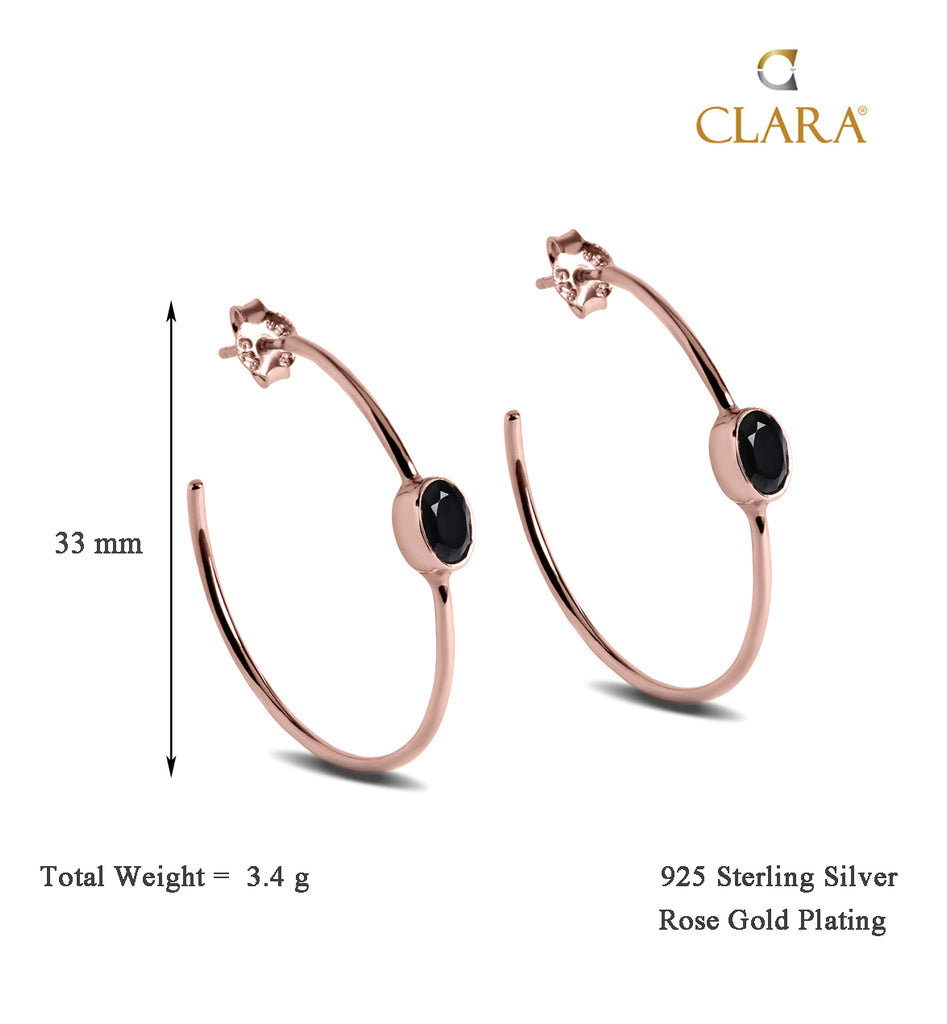CLARA 925 Sterling Silver Black onyx Hoop Earring Rose Gold Plated Gift for Women & Girls