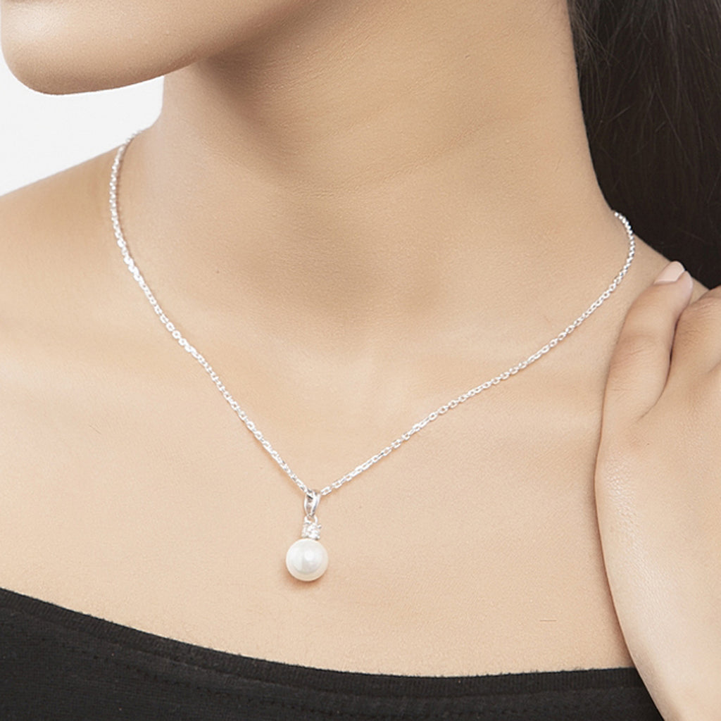 Clara 92.5 Sterling Silver Classic Pearl Pendant with Chain Gift for Women and Girls