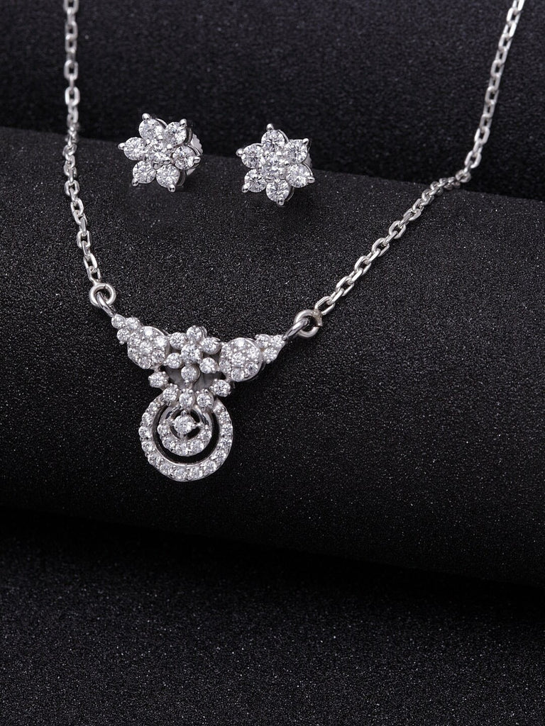 CLARA 925 Sterling Silver Rhodium Plated Aria Pendant Earring Necklace Set with Chain Gift for Women and Girls