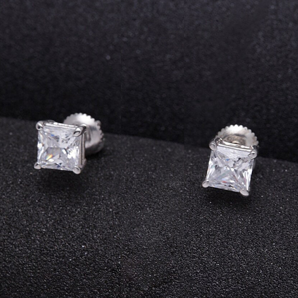 Clara 92.5 Sterling silver White Gold Plated Square Princess Solitaire Stud Earring Screw Back For Women & Girls