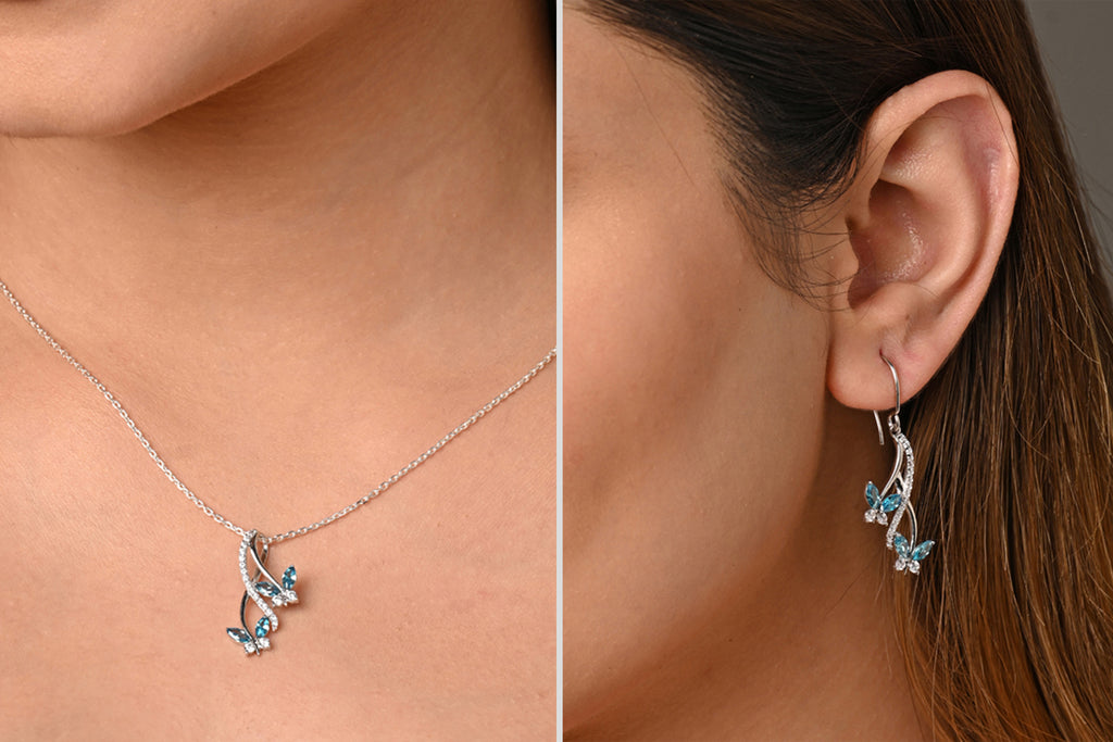 CLARA 925 Sterling Silver Butterfly Pendant Earring Chain Jewellery Set 