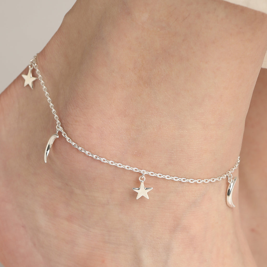 CLARA 925 Sterling Silver Moon & Star Anklet Payal ( Single ) Adjustable Chain Gift for Women and Girls