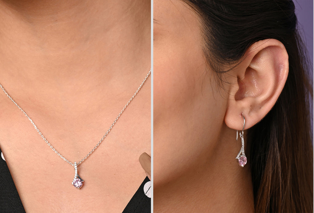 CLARA 925 Sterling Silver Pink Solitaire Pendant Earring Chain Jewellery Set 