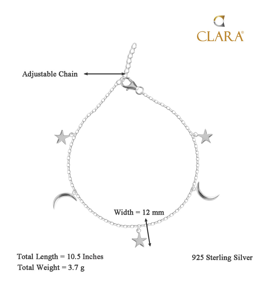 CLARA 925 Sterling Silver Moon & Star Anklet Payal ( Single ) Adjustable Chain Gift for Women and Girls