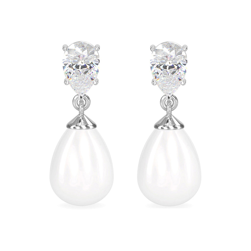CLARA 925 Sterling Silver Pearl Pear Earrings | Rhodium Plated, Swiss Zirconia , Screw Back | Gift for Women & Girls