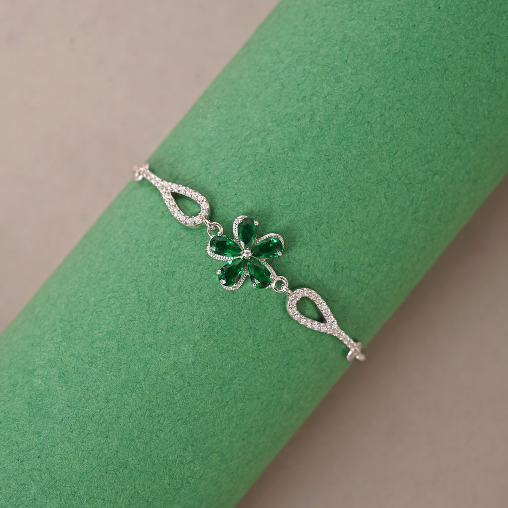 CLARA 925 Pure Silver Green Flower Hand Bracelet