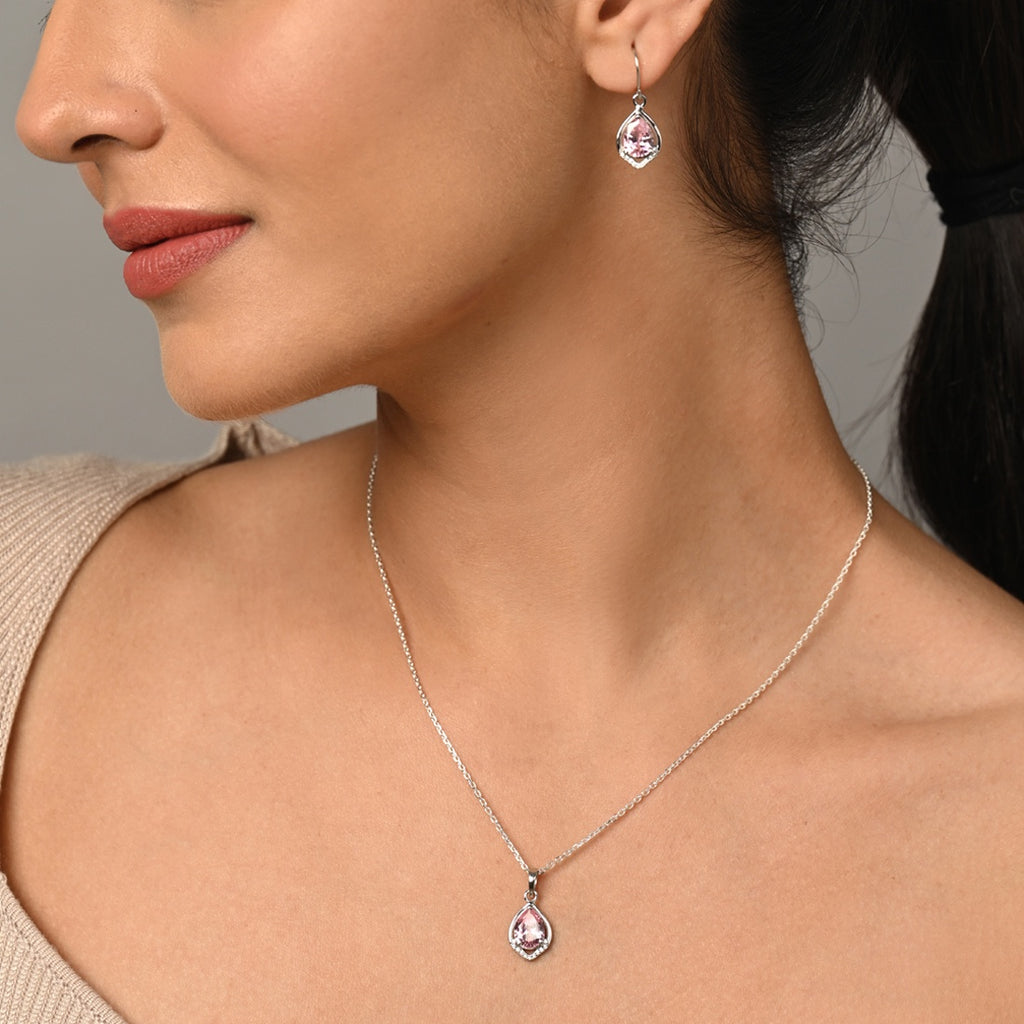 Silver Jino Pink Pear Solitaire Jewellery Set