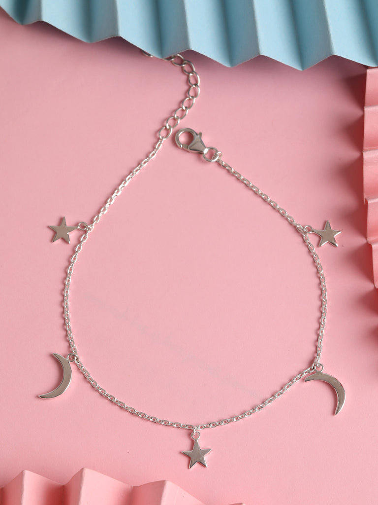 CLARA 925 Sterling Silver Moon & Star Anklet Payal ( Single ) Adjustable Chain Gift for Women and Girls