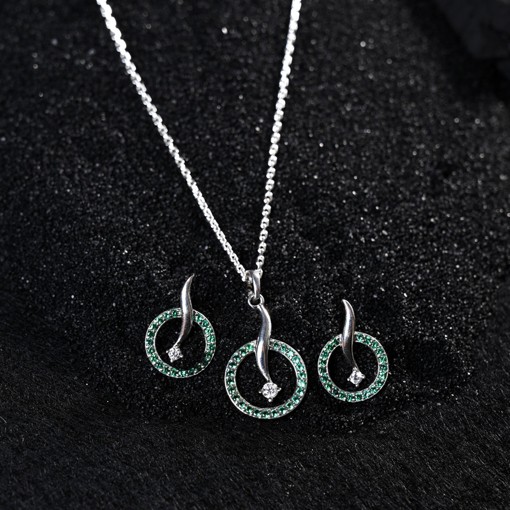 CLARA 925 Sterling Silver Verde Pendant Earring Chain Jewellery Set 