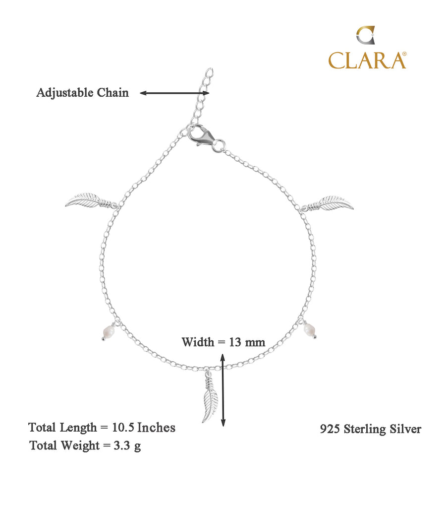 CLARA 925 Sterling Silver Leaf Anklet Payal ( Single ) Adjustable Chain Gift for Women and Girls