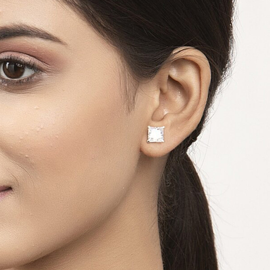 Silver Square Princess Solitaire Stud Earring