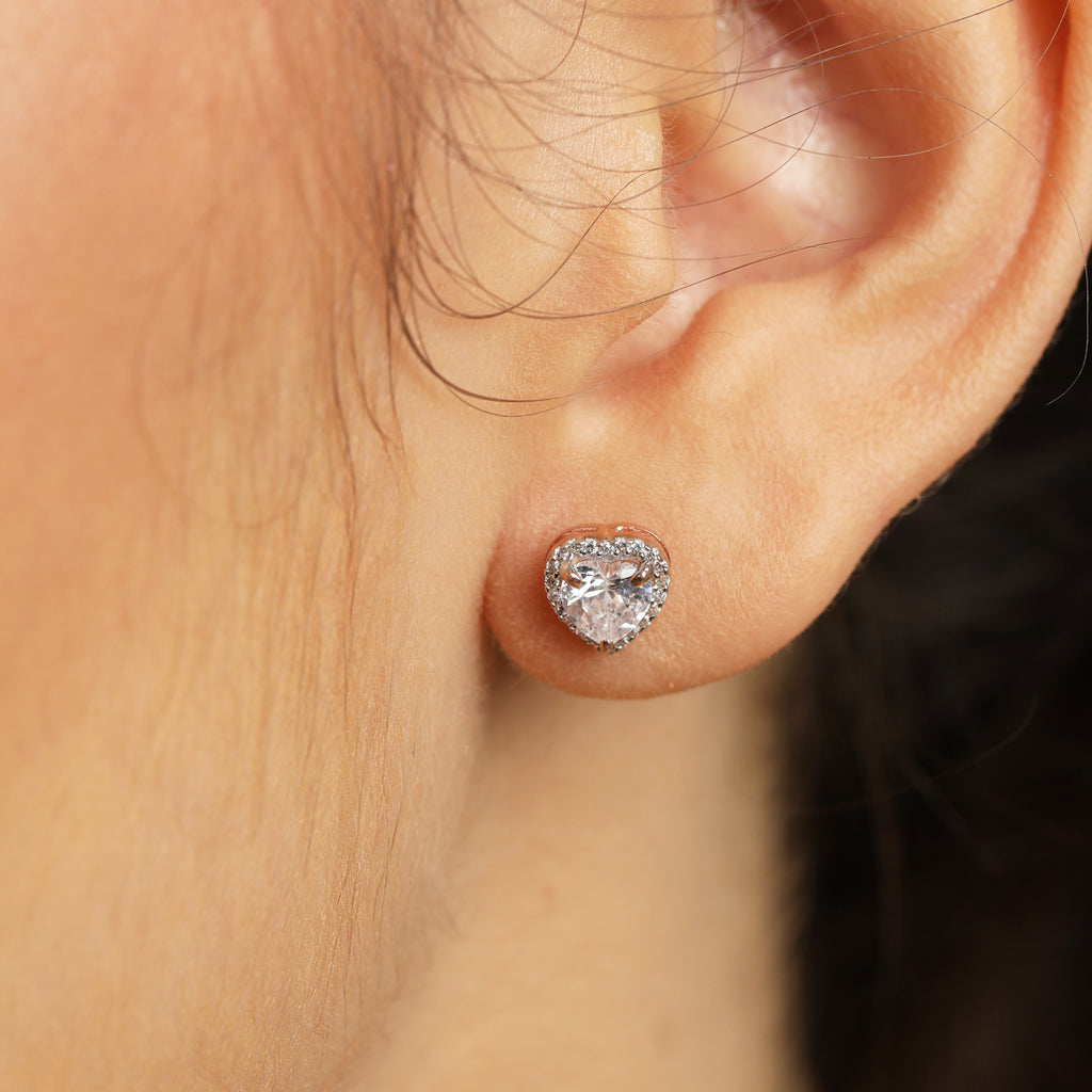 CLARA 925 Sterling Silver Heart Solitaire Earrings with Screw Back 