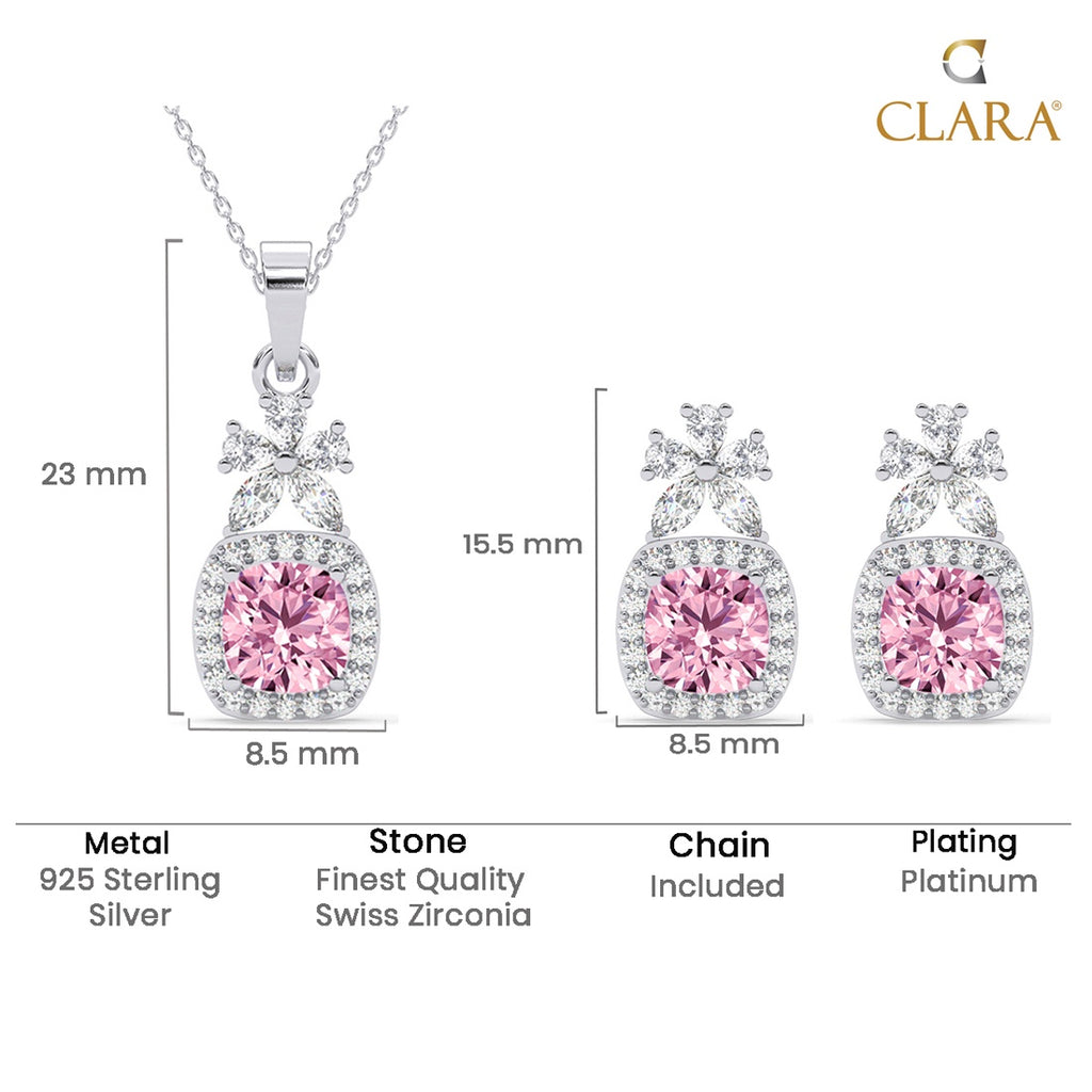 Silver Nera Pink Cushion Solitaire Jewellery Set