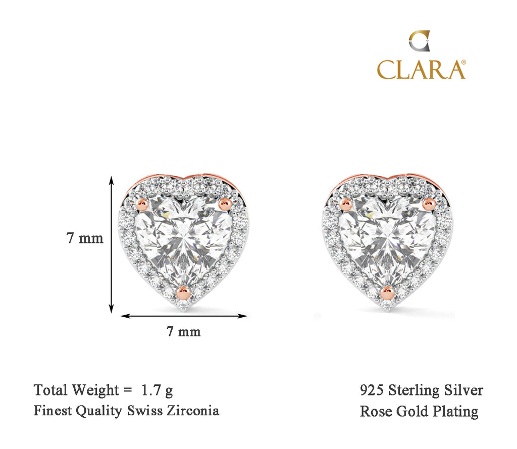 CLARA 925 Sterling Silver Heart Solitaire Earrings with Screw Back 