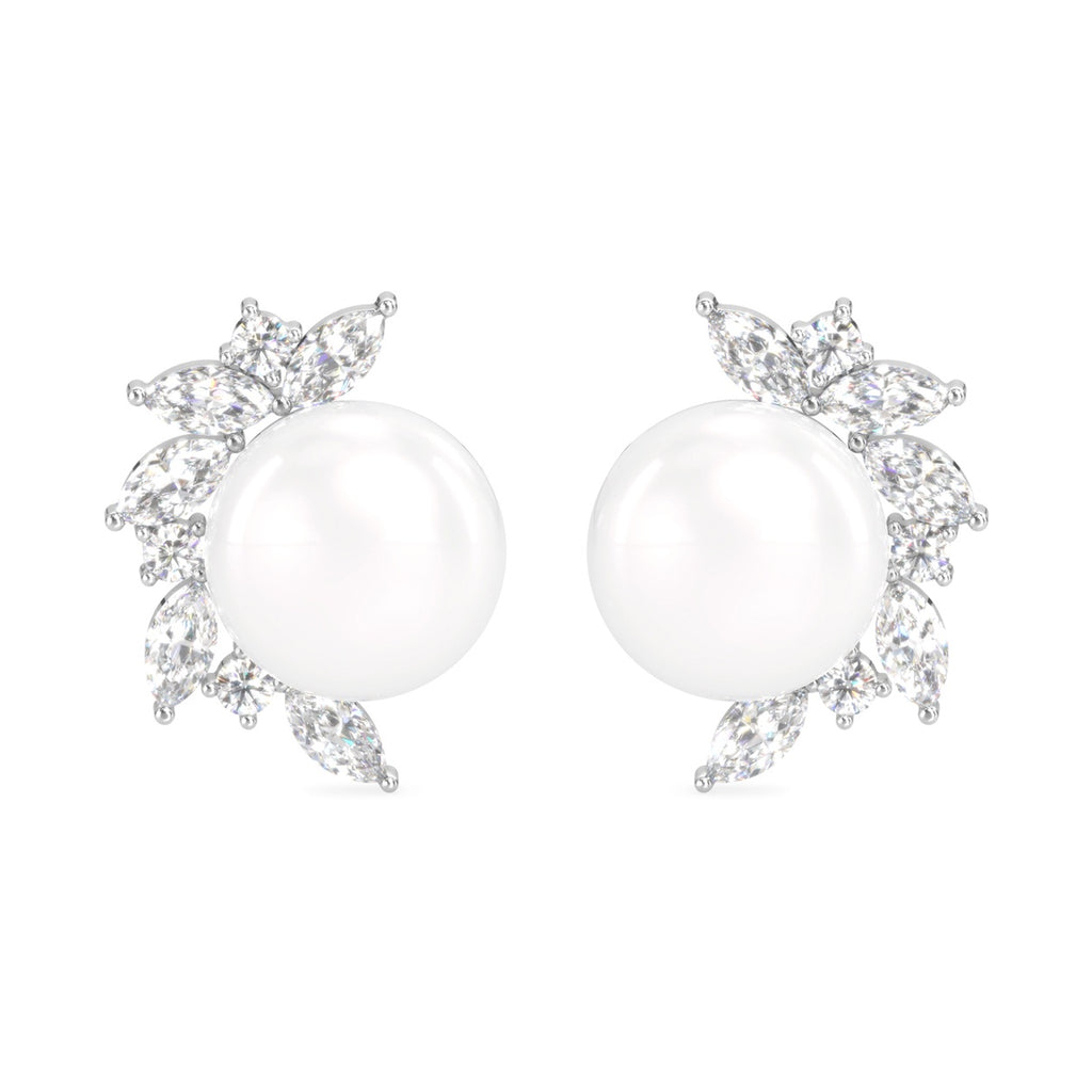CLARA 925 Sterling Silver Real Pearl Stud Aoi Earrings | Rhodium Plated, Swiss Zirconia , Screw Back | Gift for Women & Girls