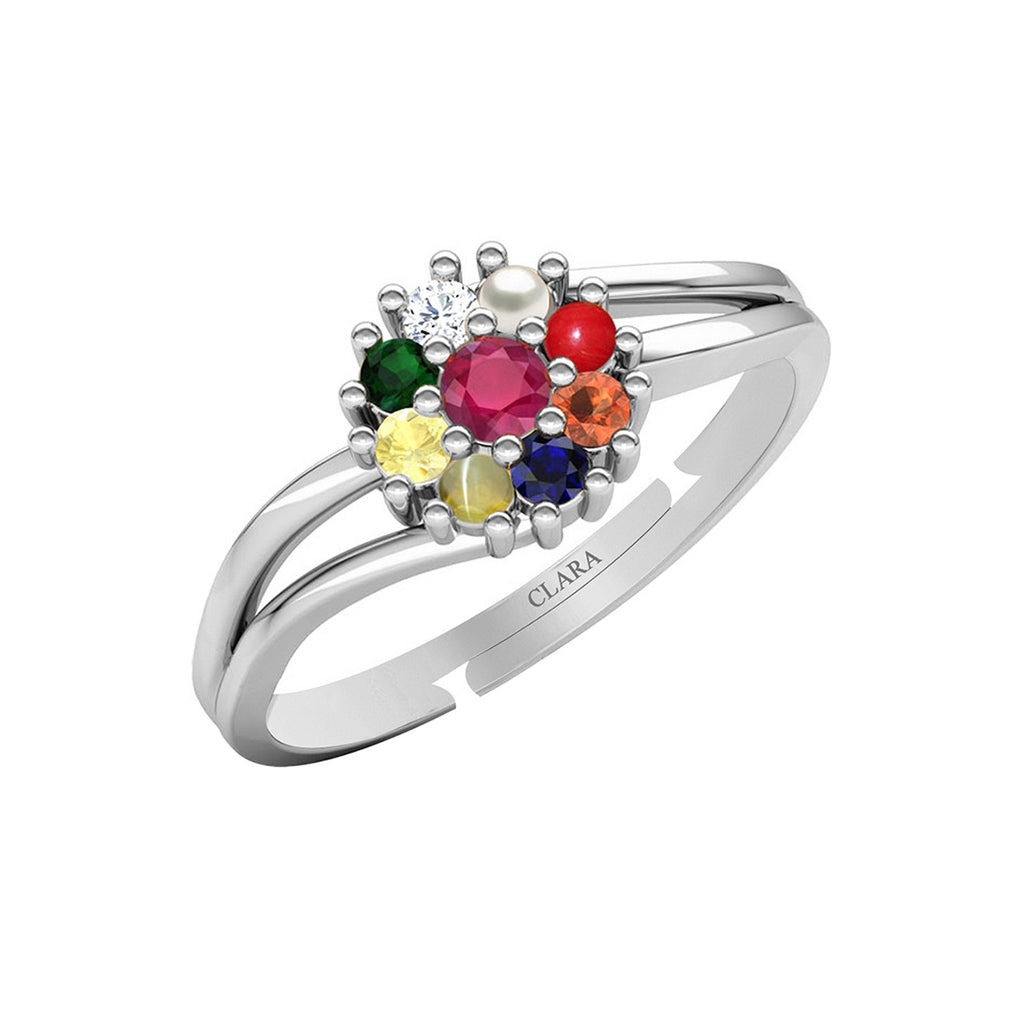 Clara 925 Sterling Silver Natural Certified Navaratna Stone Original Nine Planets Adjustable Ring for Women and Girls