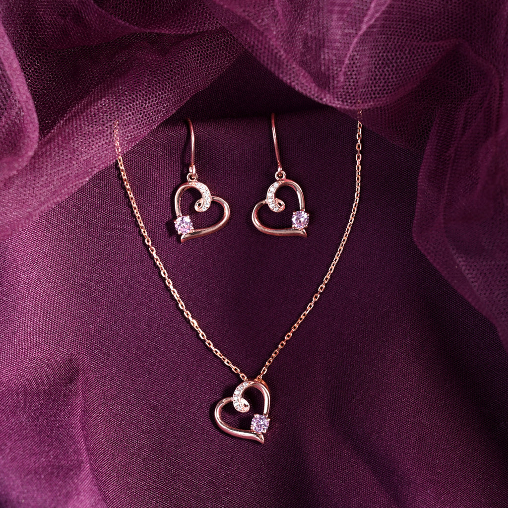 CLARA 925 Sterling Silver Pink Heart Pendant Earring Chain Jewellery Set 