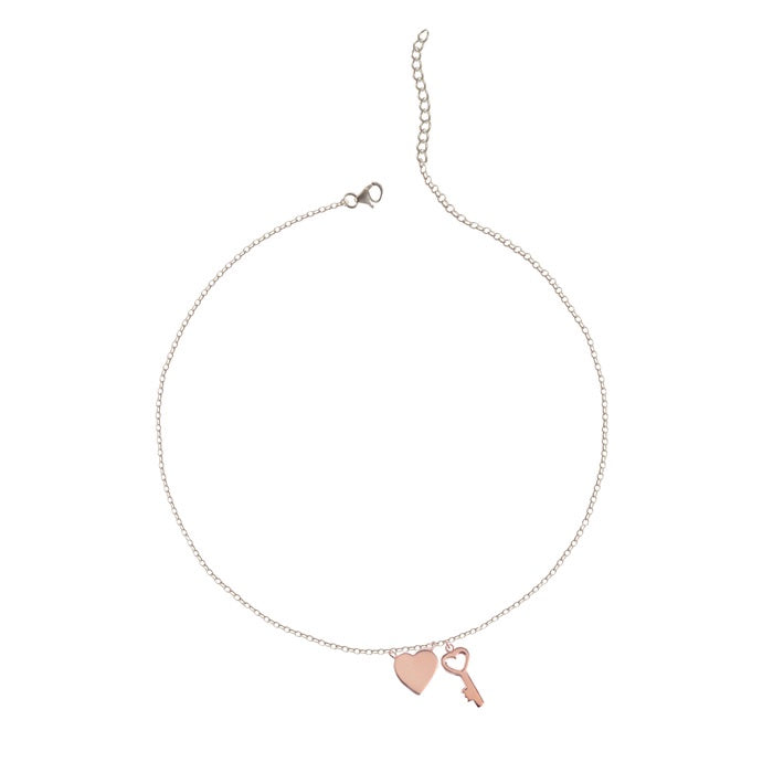 CLARA 925 Sterling Silver Key & Heart Charm Necklace Chain 