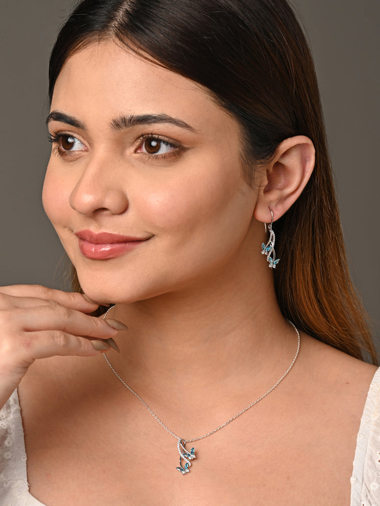 CLARA 925 Sterling Silver Butterfly Pendant Earring Chain Jewellery Set 