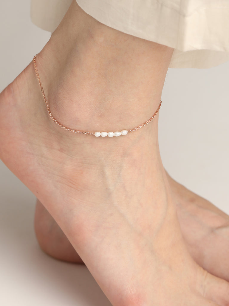 CLARA 925 Sterling Silver Pearl Anklet Payal ( Single ) Adjustable Chain, Rose Gold Plated Gift for Women and Girls