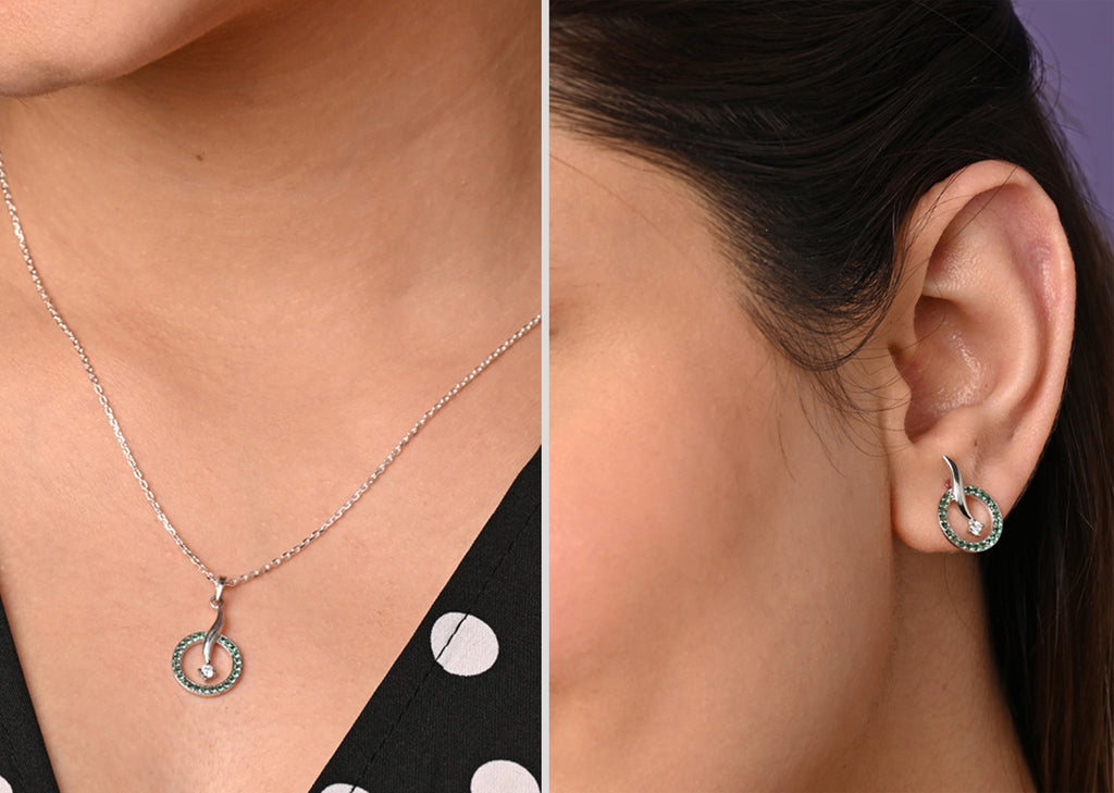 CLARA 925 Sterling Silver Verde Pendant Earring Chain Jewellery Set 