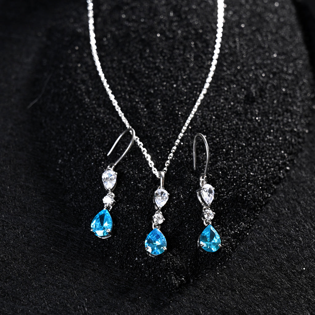 CLARA 925 Sterling Silver Pear Solitaire Pendant Earring Chain Jewellery Set 