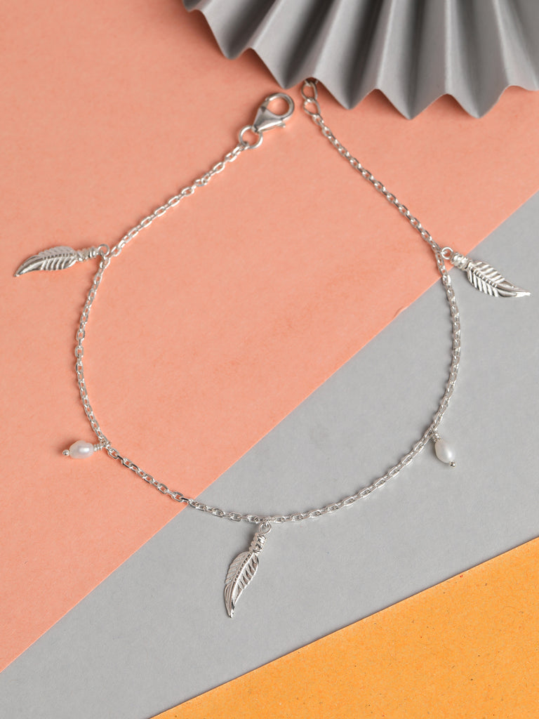CLARA 925 Sterling Silver Leaf Anklet Payal ( Single ) Adjustable Chain Gift for Women and Girls