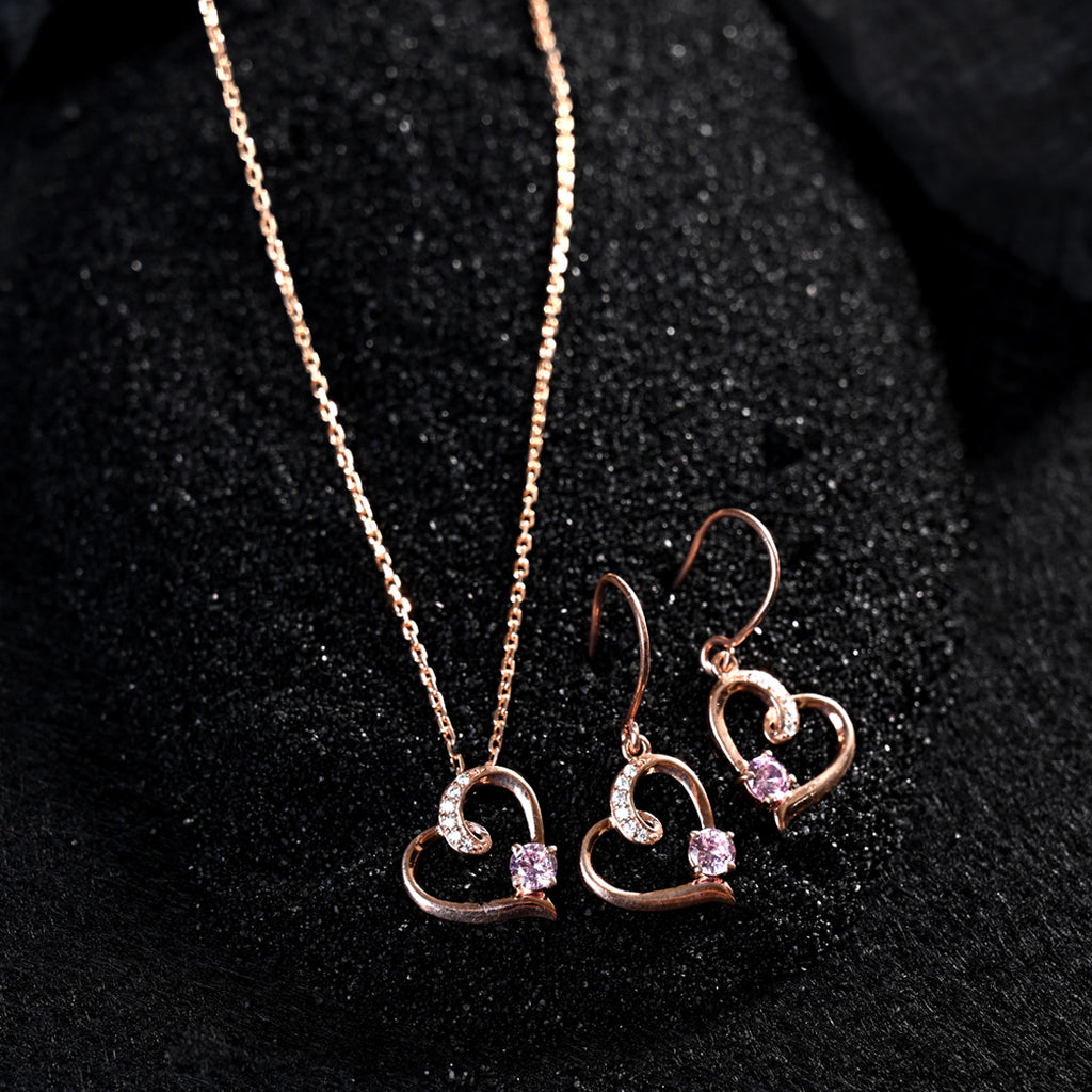 CLARA 925 Sterling Silver Pink Heart Pendant Earring Chain Jewellery Set 