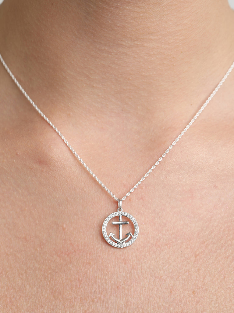CLARA 925 Sterling Silver Anchor Halo Pendant Chain Necklace 