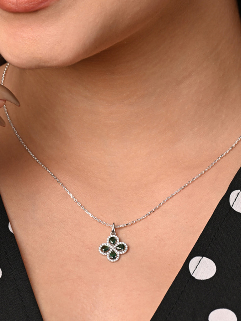 CLARA 925 Sterling Silver Green Flower Pendant Chain Necklace 
