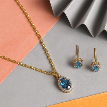 CLARA 925 Sterling Silver Blue Pendant Earring Chain Jewellery Set 