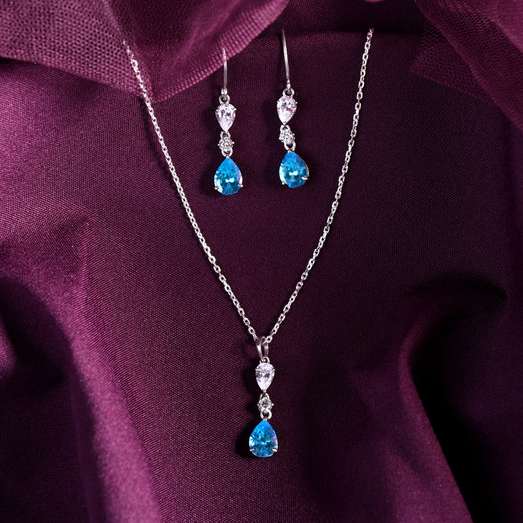 CLARA 925 Sterling Silver Pear Solitaire Pendant Earring Chain Jewellery Set 