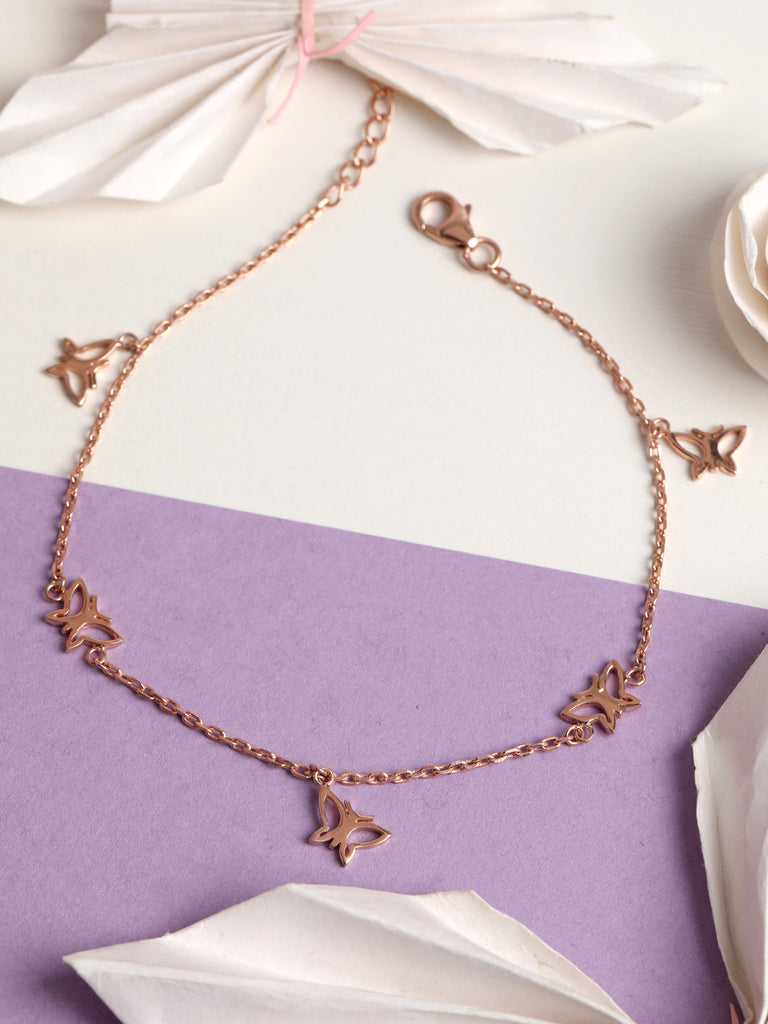 CLARA 925 Sterling Silver Butterfly Anklet Payal ( Single ) Adjustable Chain, Rose Gold Plated Gift for Women and Girls