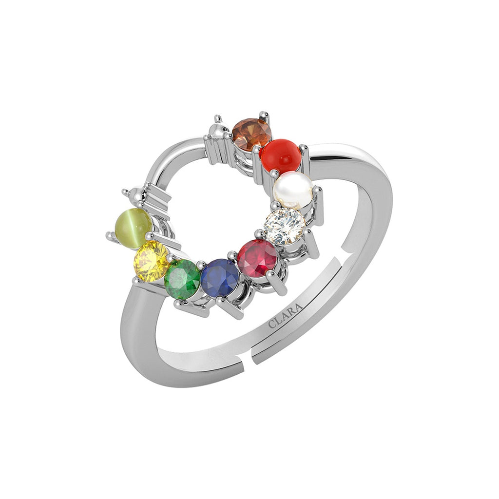 Clara 92.5 Sterling Silver Natural Certified Navratna Stone 9 gems Adjustable Ring for Women and Girls