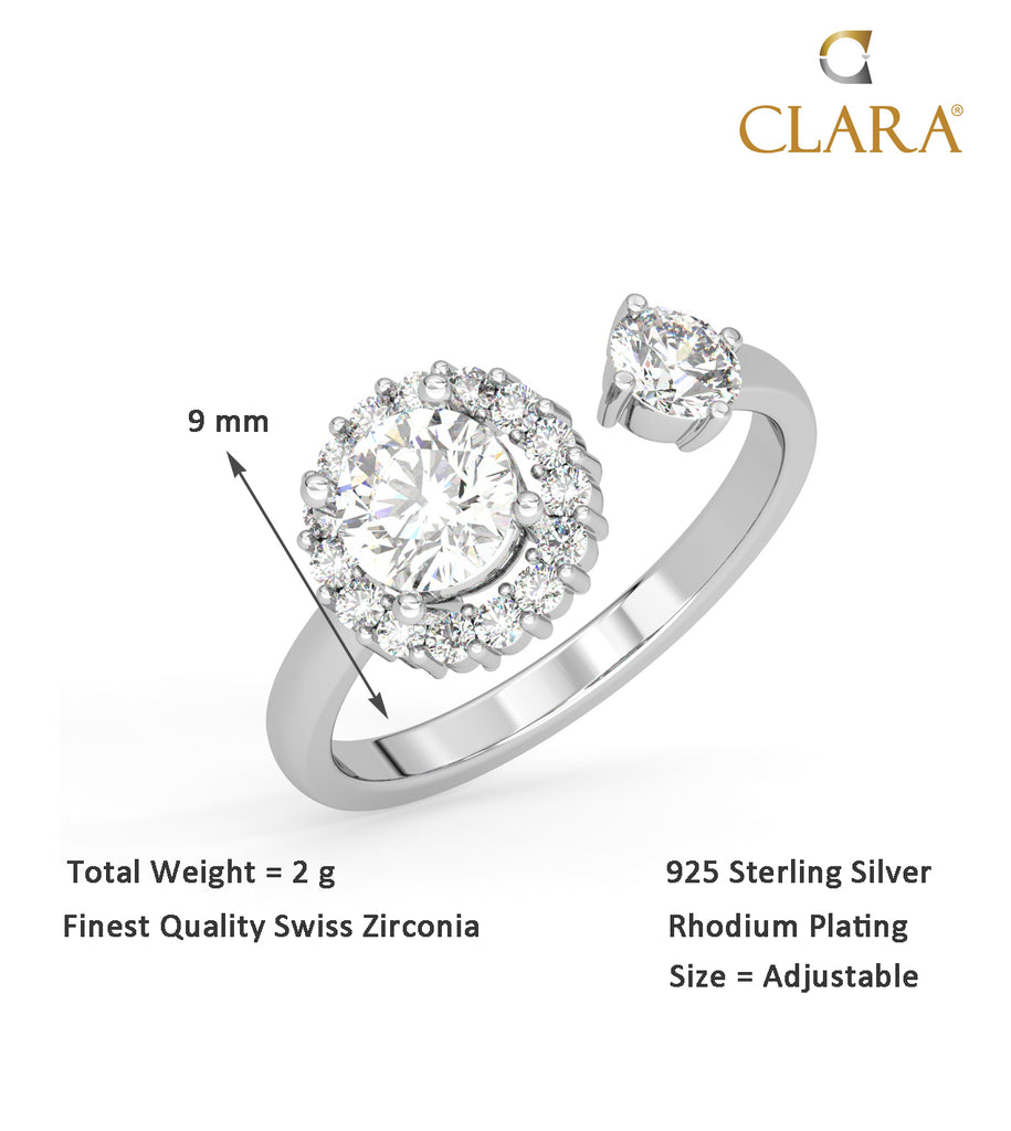 CLARA Pure 925 Sterling Silver Solitaire Finger Ring with Adjustable Band 