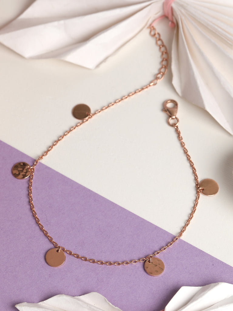 CLARA 925 Sterling Silver Hammered Anklet Payal ( Single ) Adjustable Chain, Rose Gold Plated Gift for Women and Girls