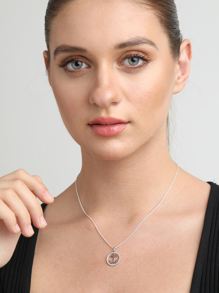 CLARA 925 Sterling Silver Anchor Halo Pendant Chain Necklace 