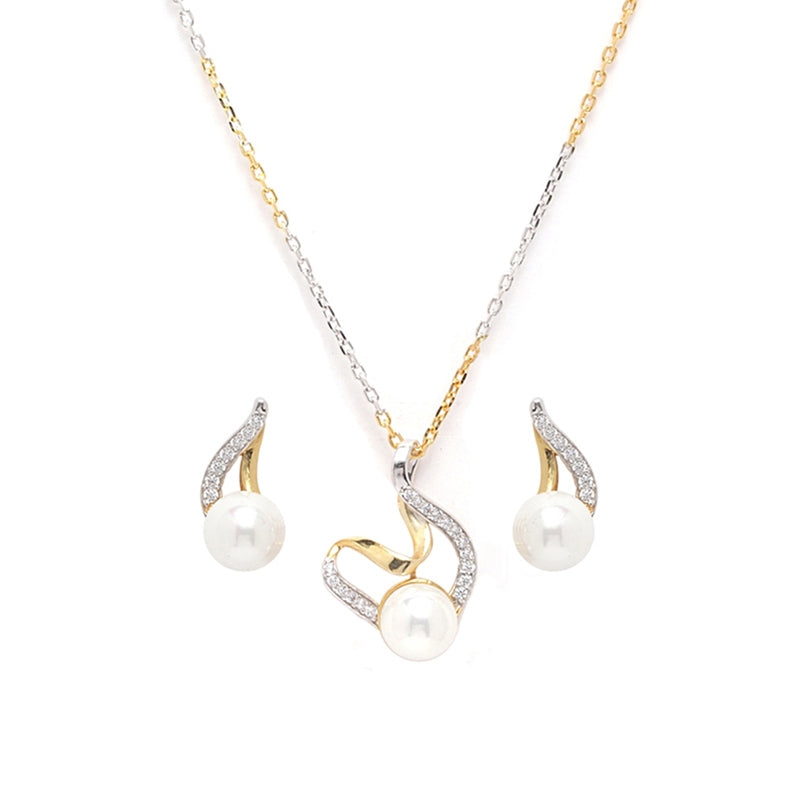 CLARA 925 Sterling Silver Pearl Asuka Pendant Earring Chain Jewellery Set | Gold Rhodium Plated, Swiss Zirconia | Gift for Women & Girls