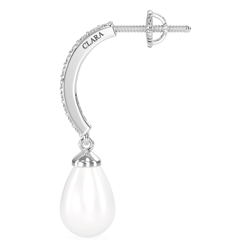 CLARA 925 Sterling Silver Classic Pearl Earrings | Rhodium Plated, Swiss Zirconia , Screw Back | Gift for Women & Girls