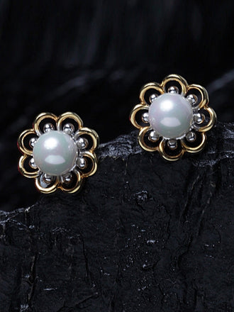 CLARA 925 Sterling Silver Pearl Stud Lotus Earrings | Gold Rhodium Plated , Screw Back | Gift for Women & Girls
