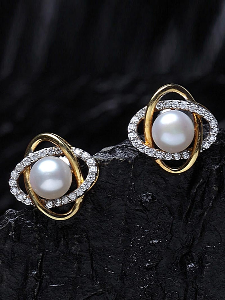 CLARA 925 Sterling Silver Real Pearl Stud knot Earrings | Gold Rhodium Plated, Swiss Zirconia , Screw Back | Gift for Women & Girls